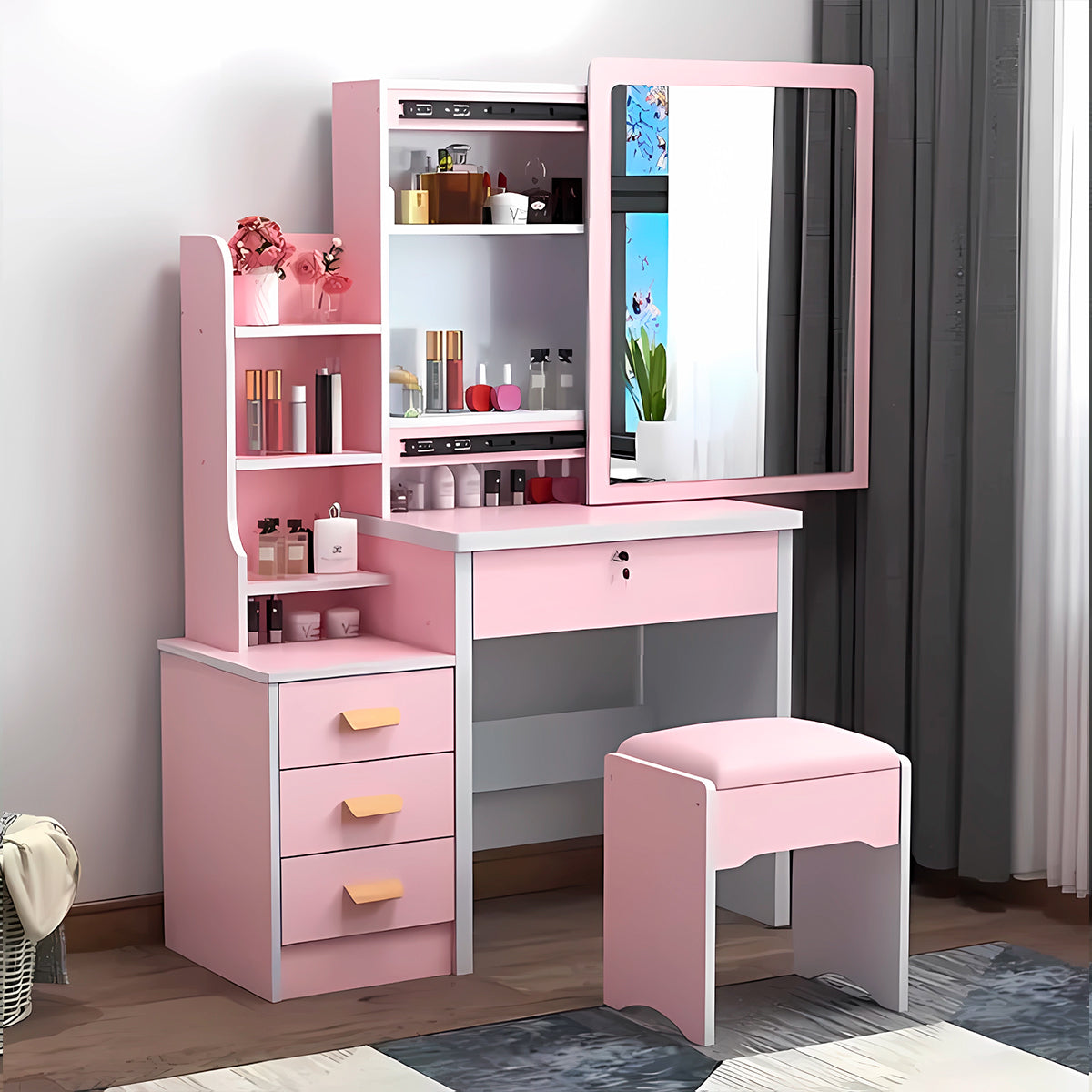 Tocador de maquillaje de 4 cajones Premium Rosado