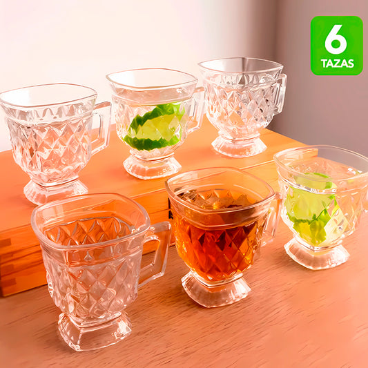 Set juegos de 6 tazas de vidrio labrado para café y te